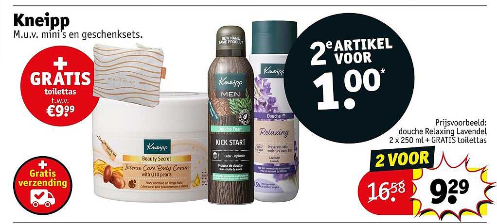 Kneipp M.u.v. mini’s en geschenksets. + GRATIS toilettas t.w.v. €9,99 2e artikel voor 1.00*