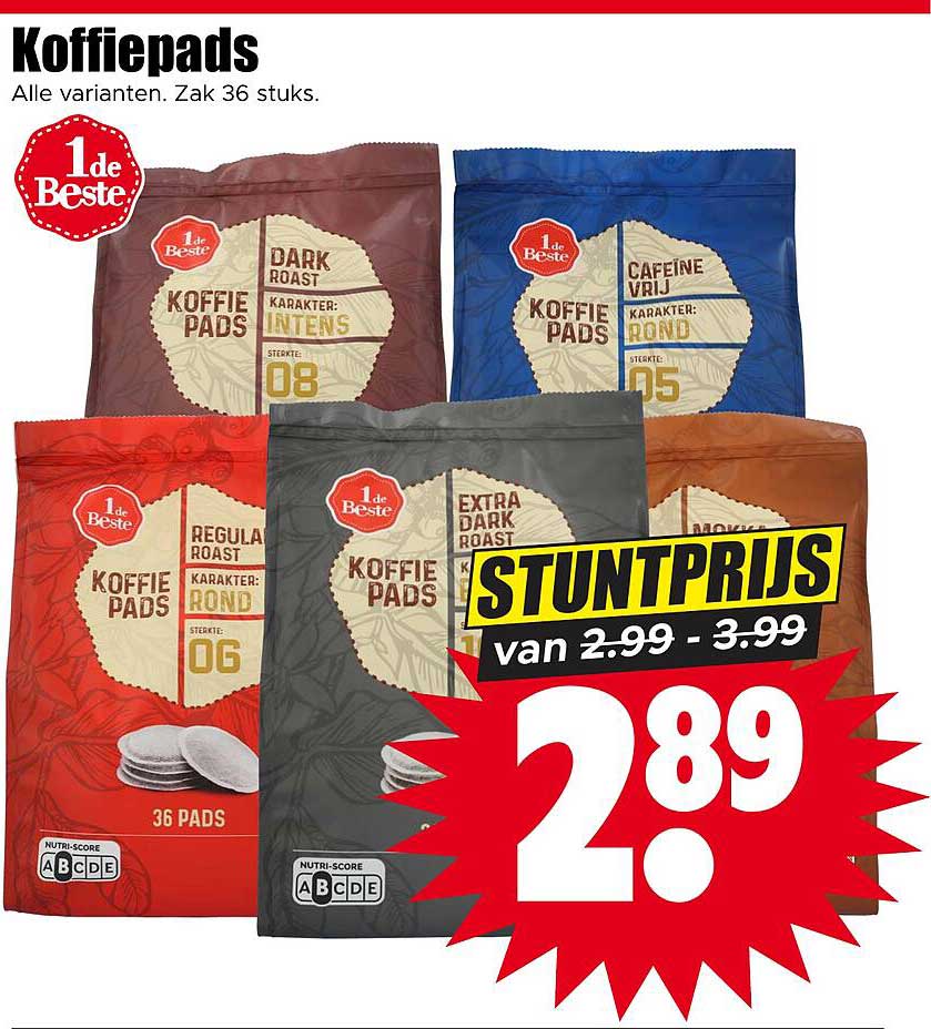 Koffiepads Alle varianten. Zak 36 stuks. STUNTPRIJS van 2.99 - 3.99
