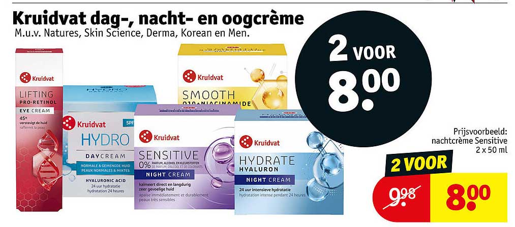 Kruidvat dag-, nacht- en oogcrème 2 voor 8.00