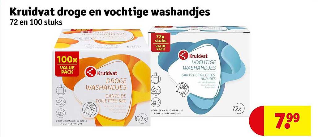 Kruidvat droge en vochtige washandjes 72 en 100 stuks
