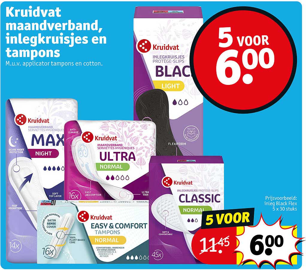 Kruidvat maandverband, inlegkruisjes en tampons 5 voor 6.00