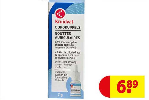 Kruidvat Oordruppels Gouttes Auriculaires 0,5% lidocaïnehydrochloride oplossing in glycerol (waterig)