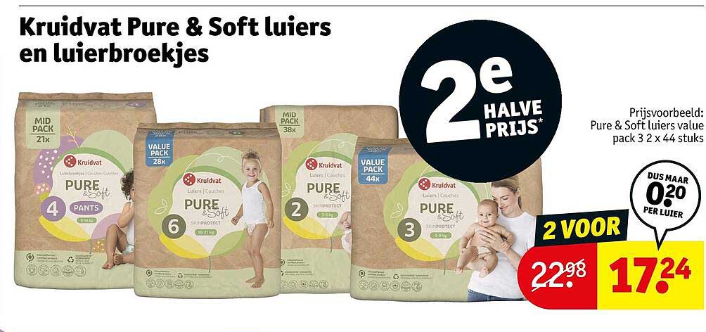 Kruidvat Pure & Soft luiers en luierbroekjes 2e halve prijs