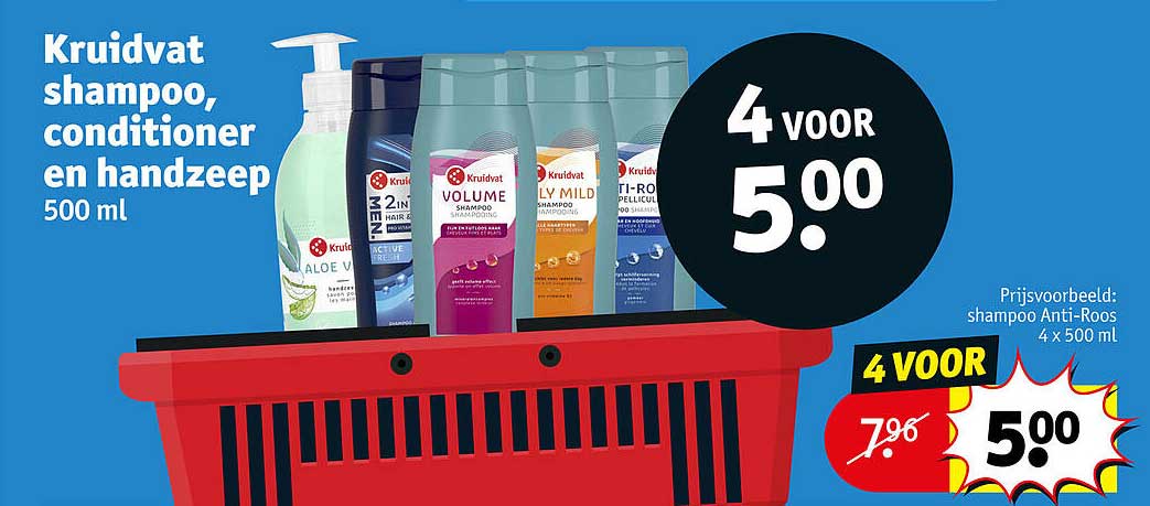 Kruidvat shampoo, conditioner en handzeep 500 ml 4 voor 5.00
