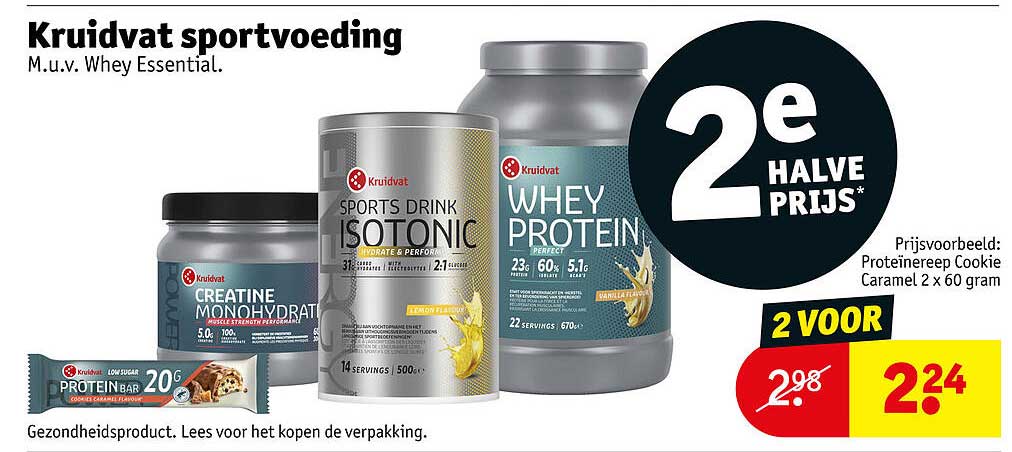 Kruidvat sportvoeding M.u.v. Whey Essential. 2e halve prijs