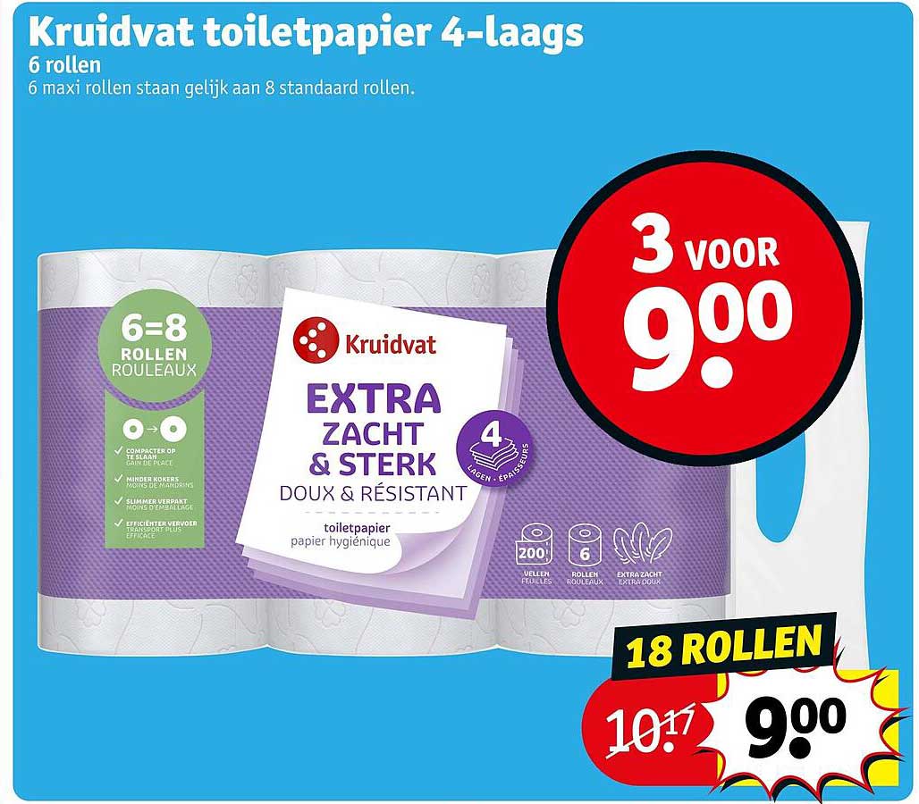 Kruidvat toiletpapier 4-laags 6 rollen 3 voor 9.00