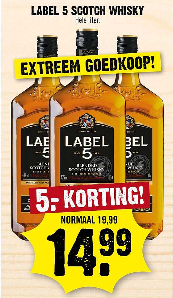LABEL 5 SCOTCH WHISKY Hele liter. EXTREEM GOEDKOOP! 5,- KORTING!