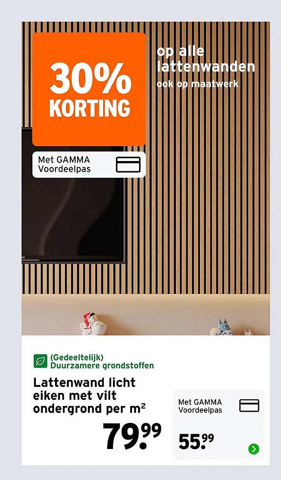 Lattenwand licht eiken met vilt ondergrond per m² 30% KORTING