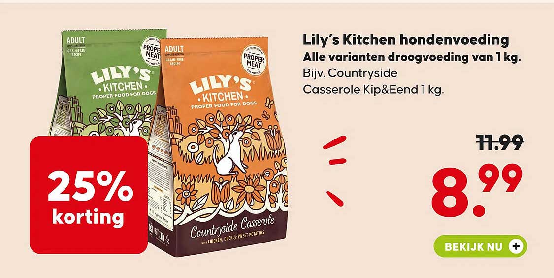 Lily’s Kitchen hondenvoeding Alle varianten droogvoeding van 1 kg. Bijv. Countryside Casserole Kip&Eend 1 kg. 25% korting
