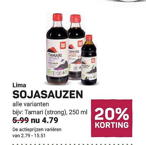 Lima SOJASAUZEN alle varianten bijv: Tamari (strong), 250 ml 20% KORTING