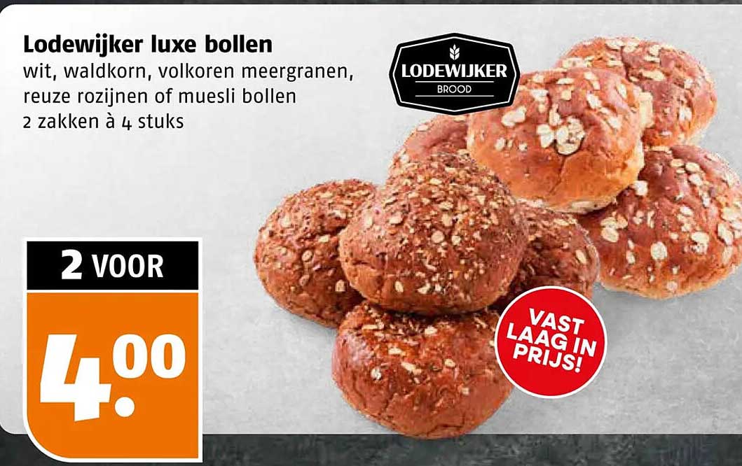 Lodewijker luxe bollen wit, waldkorn, volkoren meergranen, reuze rozijnen of muesli bollen 2 zakken à 4 stuks
