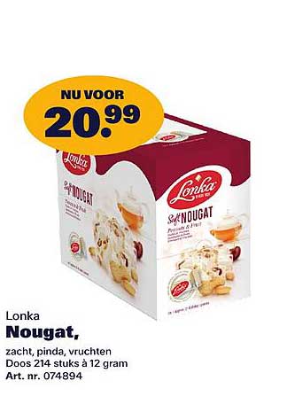 Lonka Nougat, zacht, pinda, vruchten, Doos 214 stuks à 12 gram