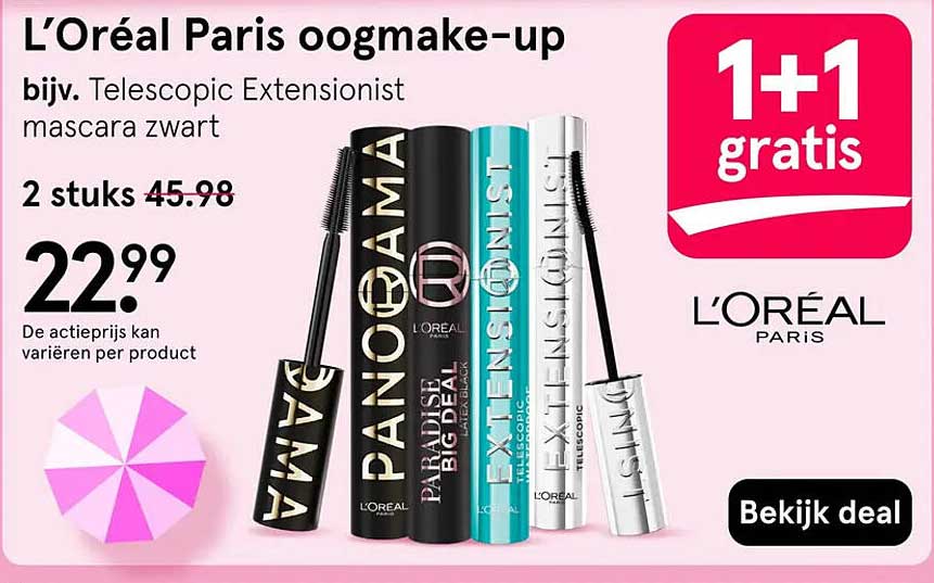 L’Oréal Paris oogmake-up bijv. Telescopic Extensionist mascara zwart 1+1 gratis