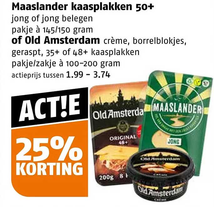 Maaslander kaasplakken 50+ jong of jong belegen of Old Amsterdam crème, borrelblokjes, geraspt, 35+ of 48+ kaasplakken 25% korting