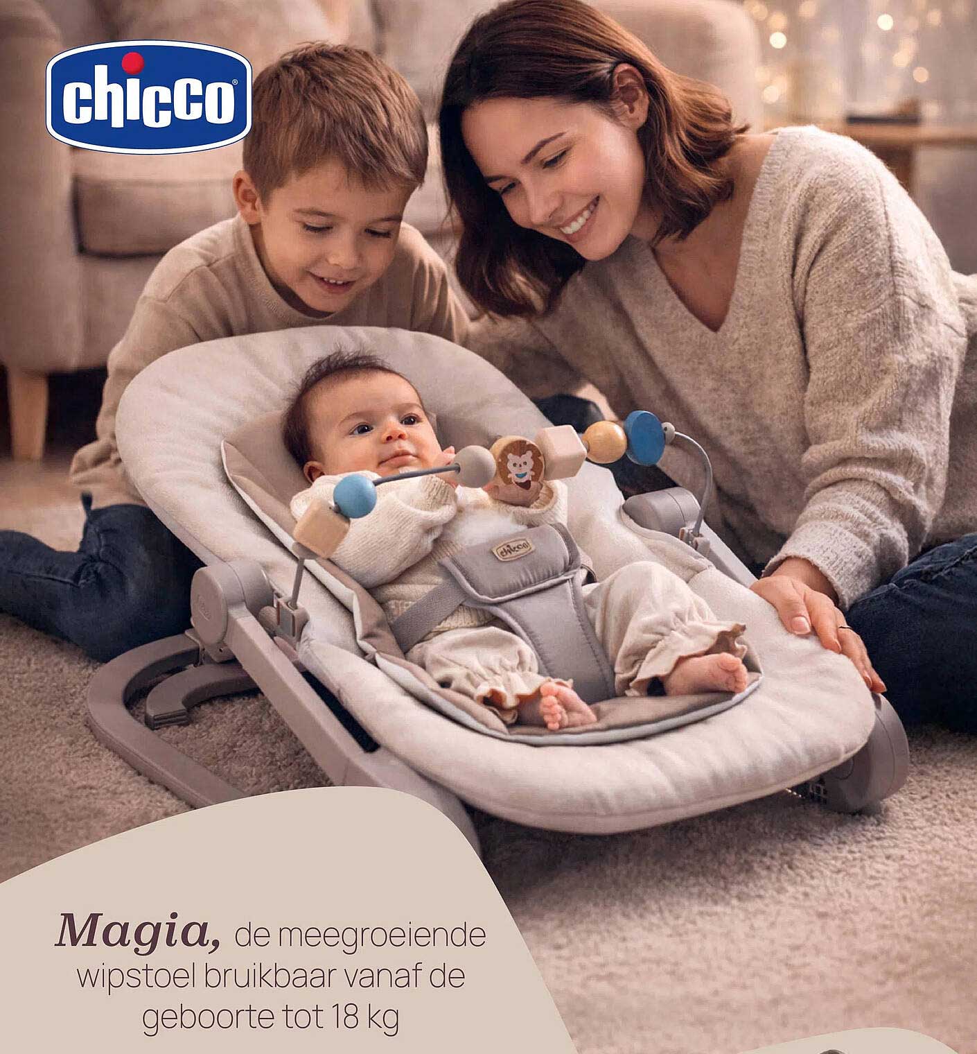 Magia, de meegroeiende wipstoel bruikbaar vanaf de geboorte tot 18 kg