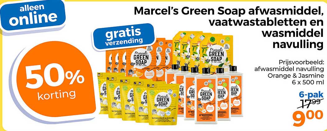 Marcel’s Green Soap afwasmiddel, vaatwastabletten en wasmiddel navulling