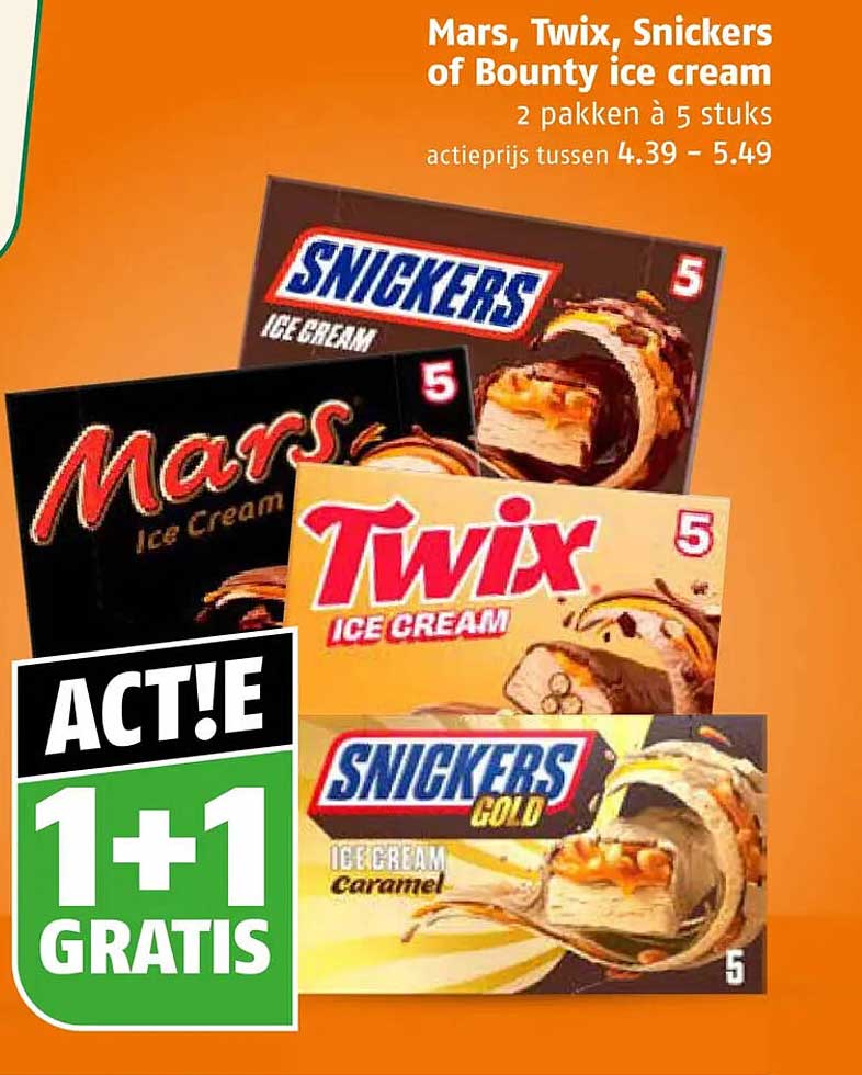 Mars, Twix, Snickers of Bounty ice cream 1+1 gratis