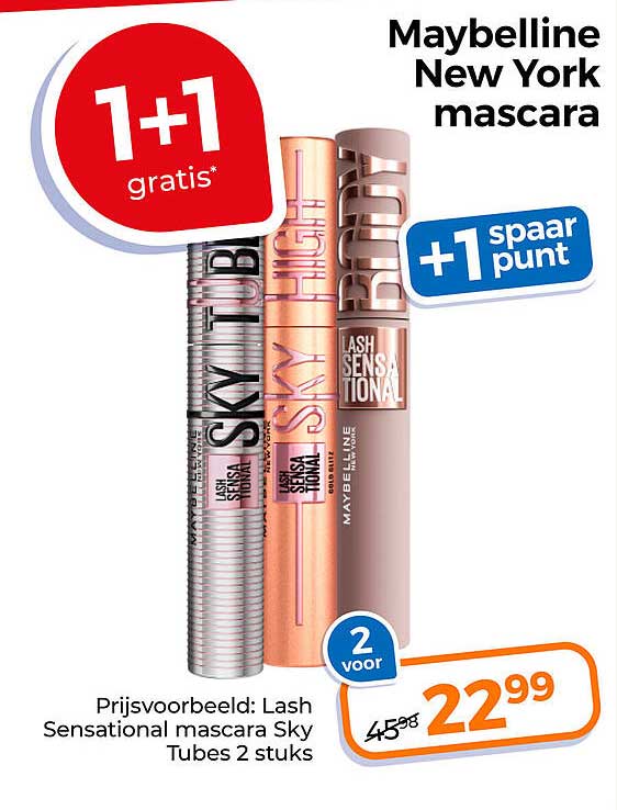 Maybelline New York mascara 1+1 gratis +1 spaarpunt