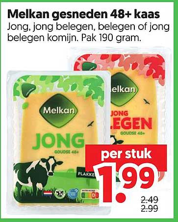 Melkan gesneden 48+ kaas Jong, jong belegen, belegen of jong belegen komijn. Pak 190 gram.