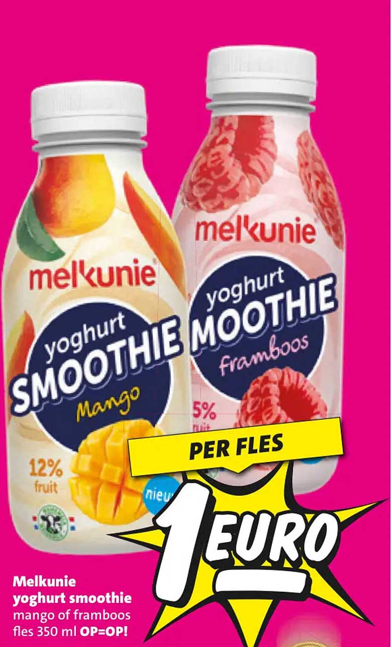 Melkunie yoghurt smoothie mango of framboos fles 350 ml OP=OP! PER FLES
