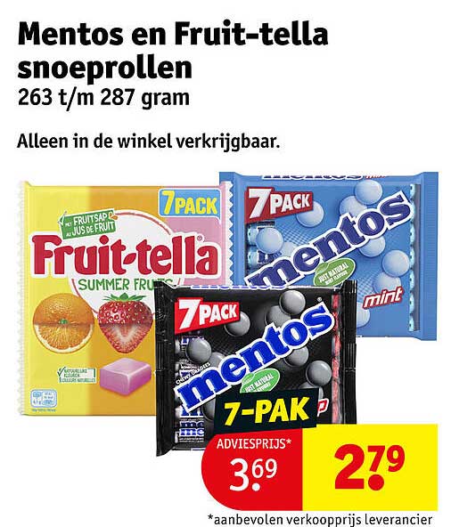 Mentos en Fruit-tella snoeprollen 263 t/m 287 gram