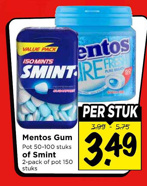 Mentos Gum Pot 50-100 stuks of Smint 2-pack of pot 150 stuks PER STUK