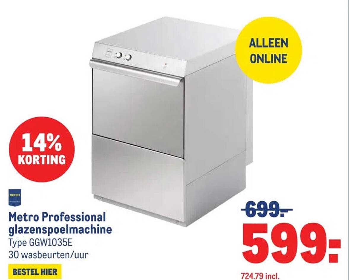 Metro Professional glazenspoelmachine Type GGW1035E 30 wasbeurten/uur