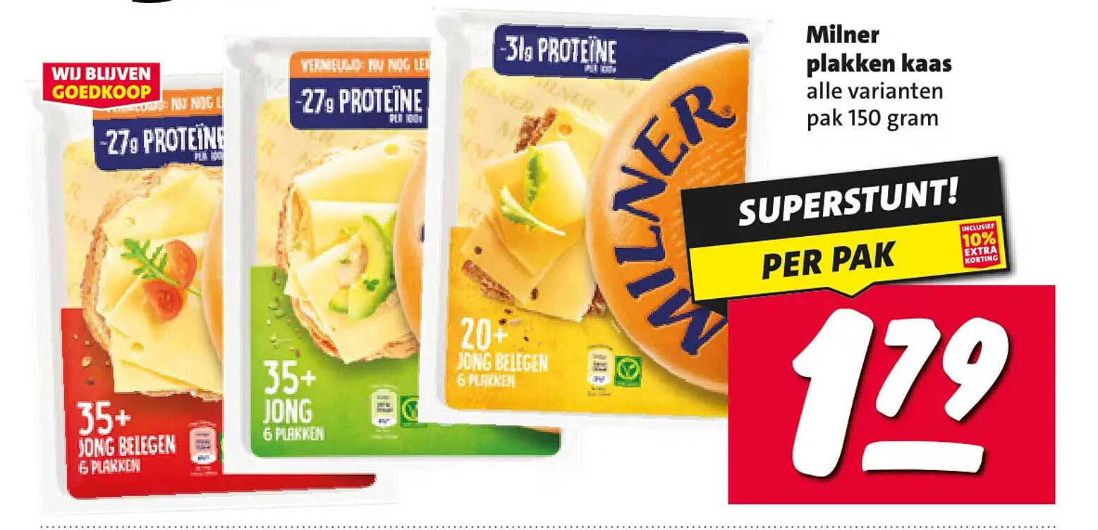 Milner plakken kaas alle varianten pak 150 gram SUPERSTUNT! PER PAK