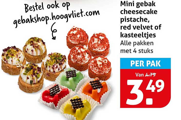 Mini gebak cheesecake pistache, red velvet of kasteeltjes - Alle pakken met 4 stuks