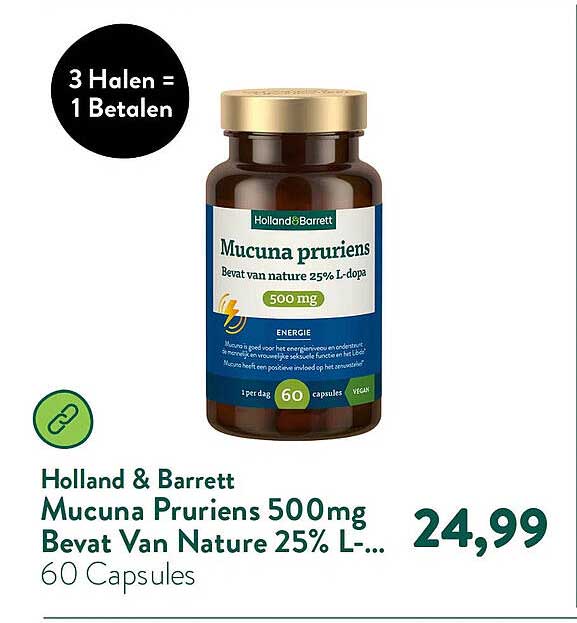 Mucuna Pruriens 500mg Bevat Van Nature 25% L-... 60 Capsules 3 Halen = 1 Betalen