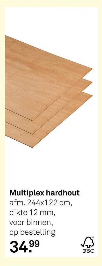 Multiplex hardhout afm. 244x122 cm, dikte 12 mm, voor binnen, op bestelling
