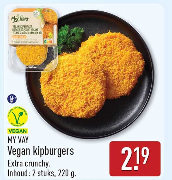 MY WAY Vegan kipburgers Extra crunchy. Inhoud: 2 stuks, 220 g.