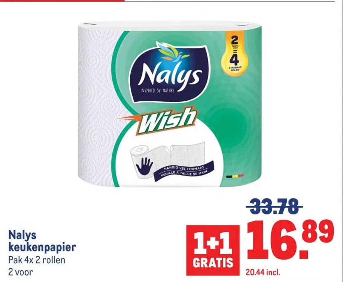 Nalys keukenpapier Pak 4x 2 rollen 1+1 GRATIS