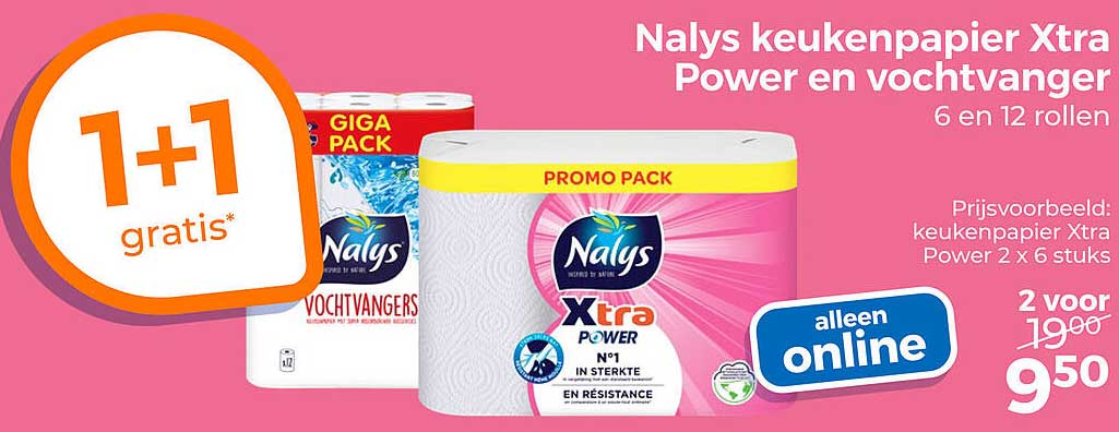 Nalys keukenpapier Xtra Power en vochtvanger 6 en 12 rollen 1+1 gratis