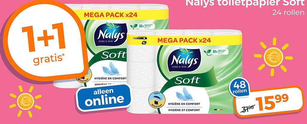 Nalys toiletpapier soft 24 rollen 1+1 gratis