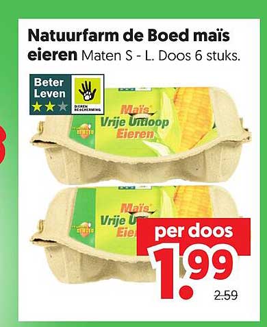 Natuurfarm de Boed maïs eieren Maten S - L. Doos 6 stuks.