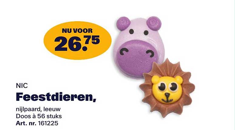 NIC Feestdieren, nijlpaard, leeuw Doos à 56 stuks Art. nr. 161225