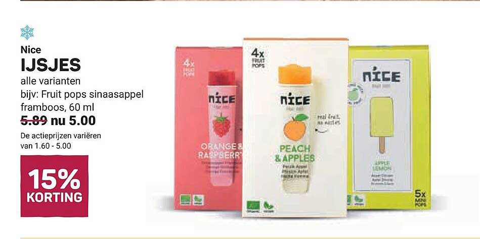 Nice IJSJES alle varianten bijv: Fruit pops sinaasappel framboos, 60 ml 15% KORTING