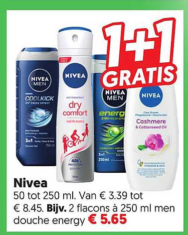 Nivea 50 tot 250 ml. 1+1 GRATIS