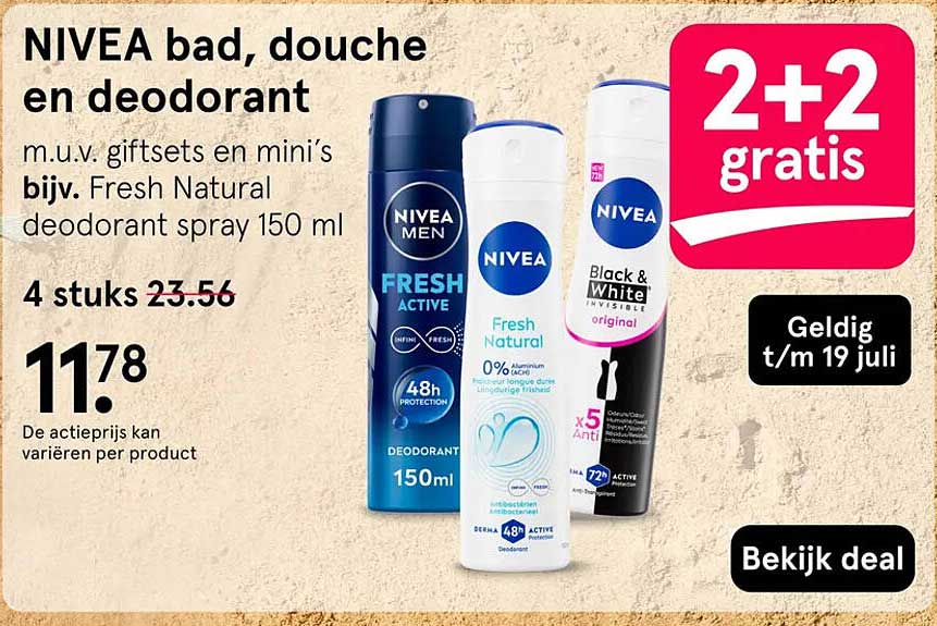 NIVEA bad, douche en deodorant 2+2 gratis