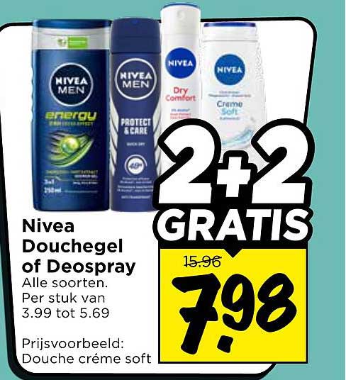 Nivea Douchegel of Deospray Alle soorten. Per stuk van 3.99 tot 5.69 2+2 GRATIS