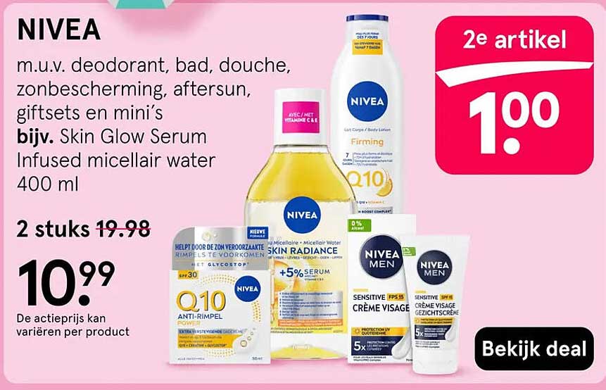 NIVEA m.u.v. deodorant, bad, douche, zonbescherming, aftersun, giftsets en mini’s bijv. Skin Glow Serum Infused micellair water 400 ml 2e artikel