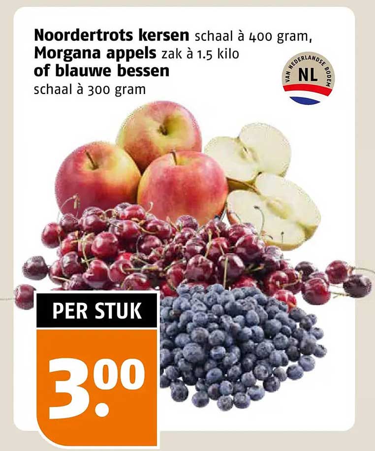 Noordertrots kersen schaal à 400 gram, Morgana appels zak à 1.5 kilo of blauwe bessen schaal à 300 gram