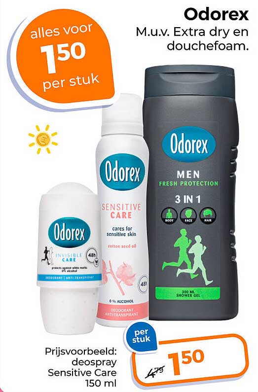 Odorex M.u.v. Extra dry en douchefoam. alles voor 1,50 per stuk