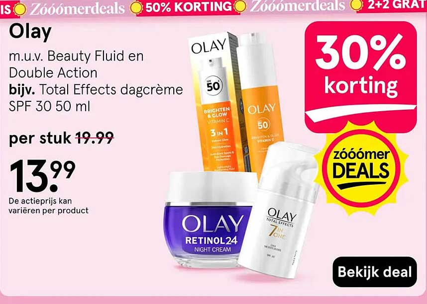 Olay m.u.v. Beauty Fluid en Double Action bijv. Total Effects dagcrème SPF 30 50 ml 30% korting