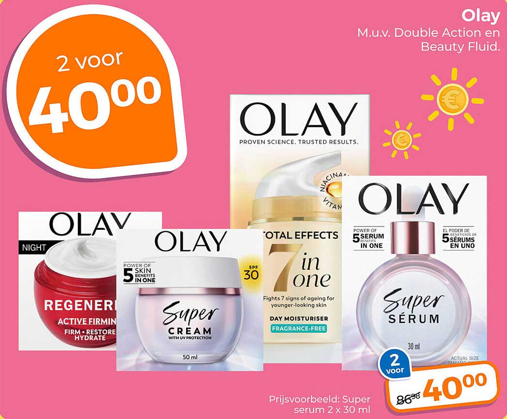 Olay M.u.v. Double Action en Beauty Fluid. 2 voor 40,00