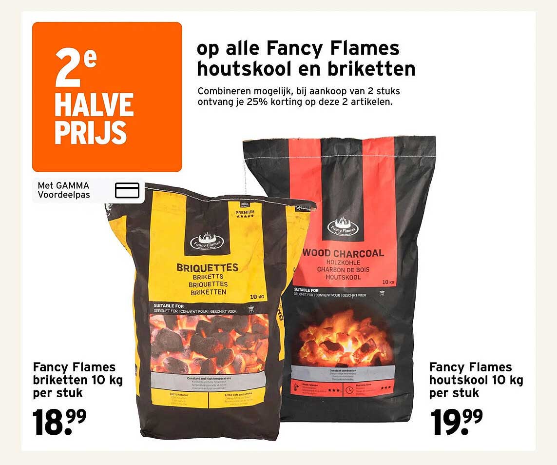 op alle Fancy Flames houtskool en briketten 2e halve prijs