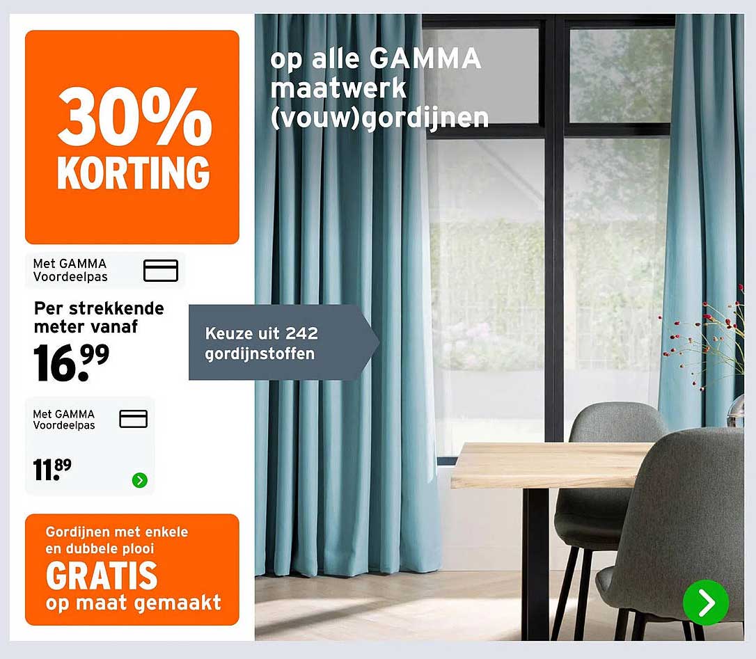 op alle GAMMA maatwerk (vouw)gordijnen