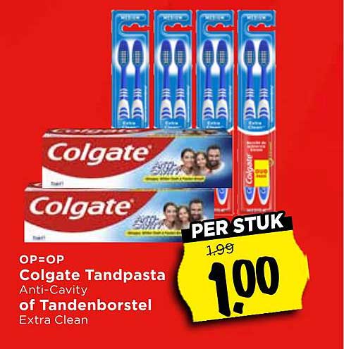 OP=OP Colgate Tandpasta Anti-Cavity of Tandenborstel Extra Clean PER STUK