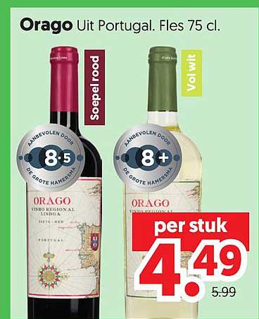 Orago Uit Portugal. Fles 75 cl. Soepel rood / Vol wit per stuk